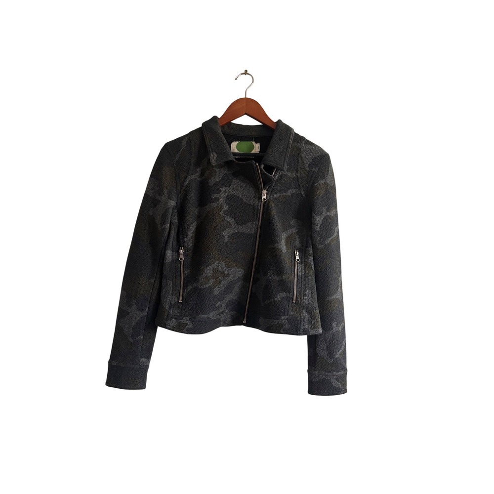 Anthropologie Camo Fleece Moto‎ Jacket Women's Size Medium Cropped Zip Up